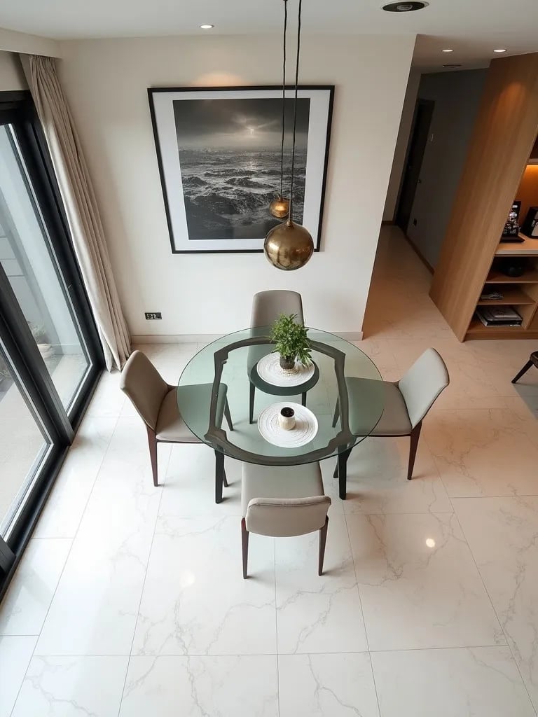 Compact dining space featuring luxurious marble look tile floors