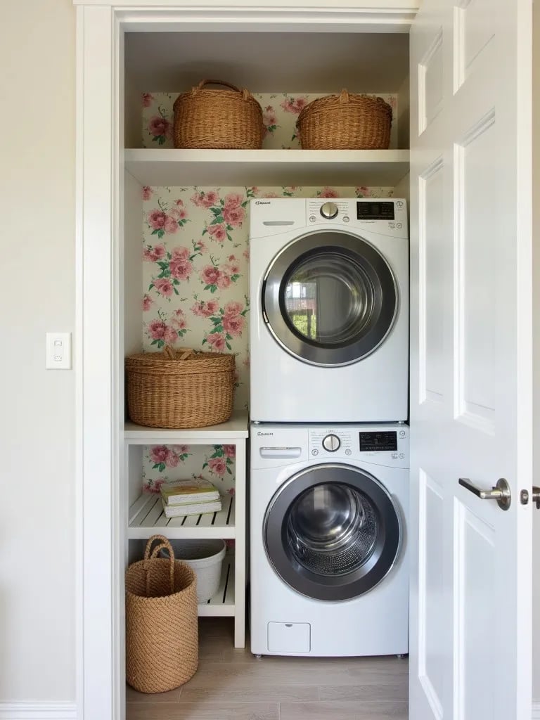Compact laundry area with floral wallpaper and space saving solutions