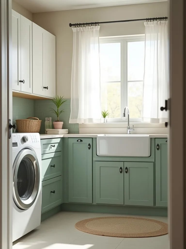 Compact laundry area with sage and white cabinetry and sheer curtains