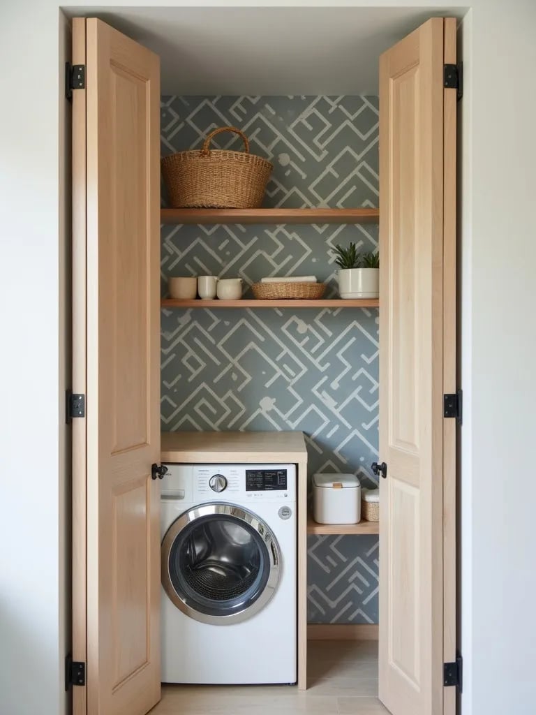 Compact laundry closet with colorful geometric wallpaper and built in shelves