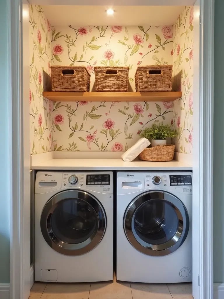 Compact laundry nook featuring whimsical floral wallpaper and floating shelf