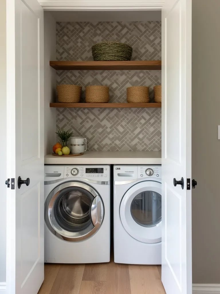 Compact laundry nook with geometric wallpaper and stacked appliances