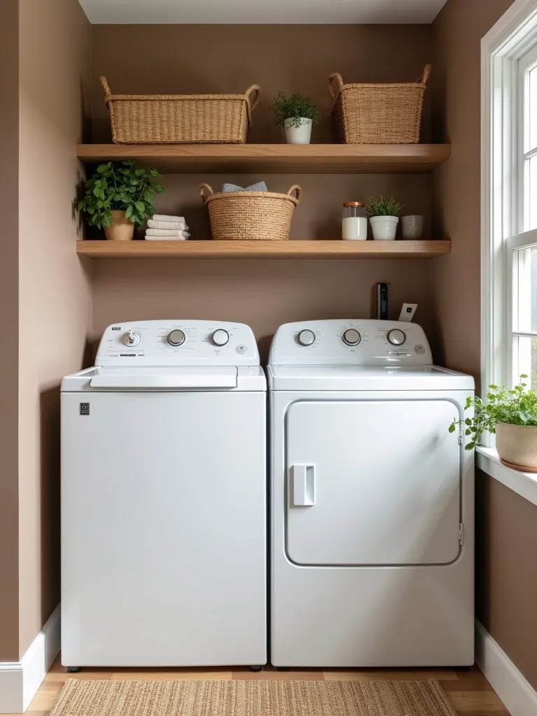 Compact laundry nook with taupe walls, wood shelves, and white appliances