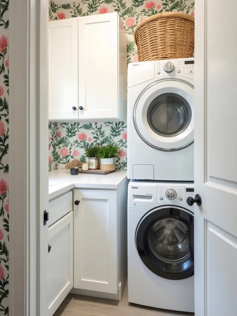 Compact laundry room with floral wallpaper and stacked appliances