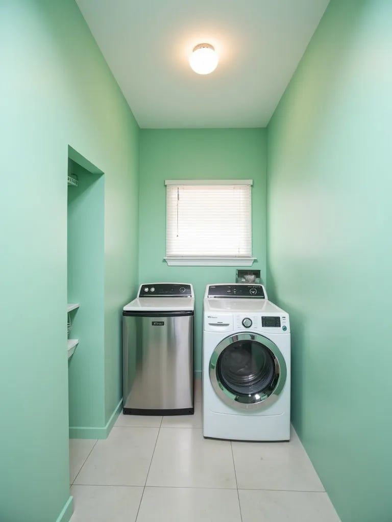 Compact laundry space featuring mint walls and efficient layout