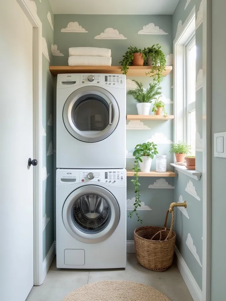 Compact laundry space featuring whimsical cloud wallpaper and potted plants