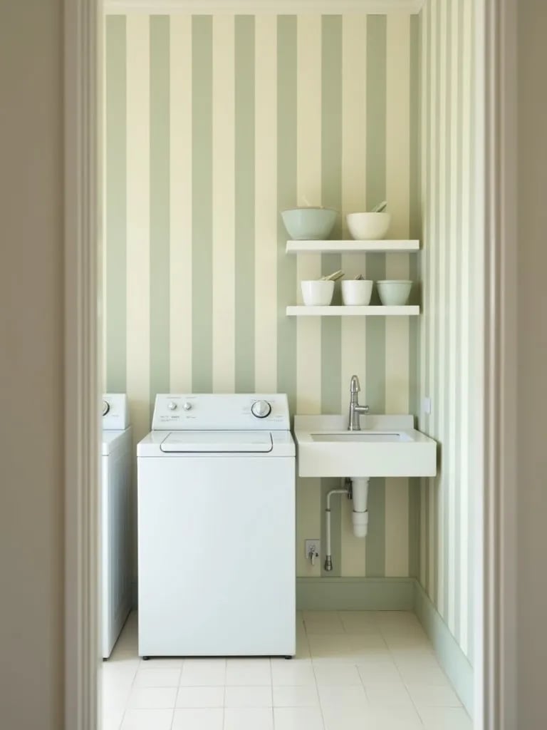 Compact laundry space with vertical striped walls and white appliances