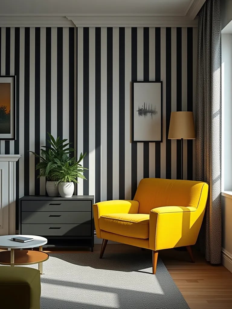 Compact living area featuring bold striped wallpaper and colorful furniture