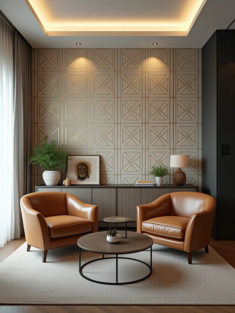 Compact living area featuring gold and white geometric wallpaper