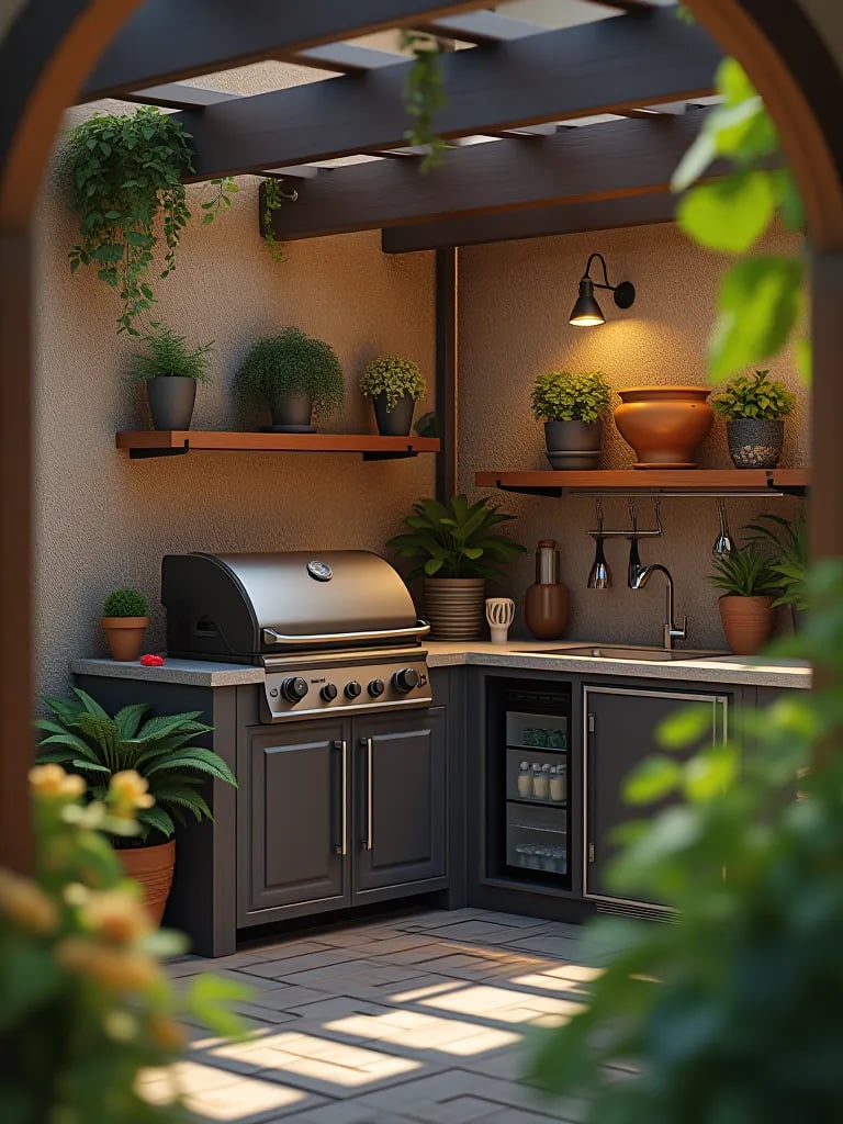 Compact outdoor kitchen corner with grill and mini fridge under pergola