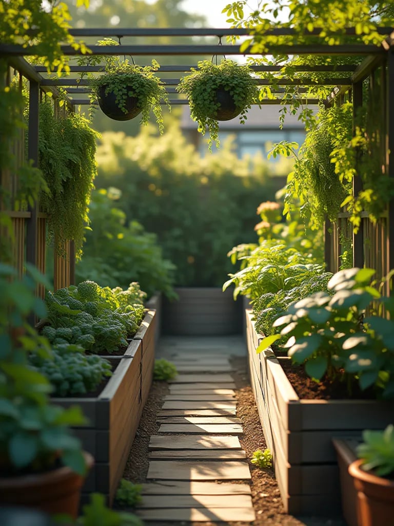 Compact patio garden featuring raised beds and vertical growing systems