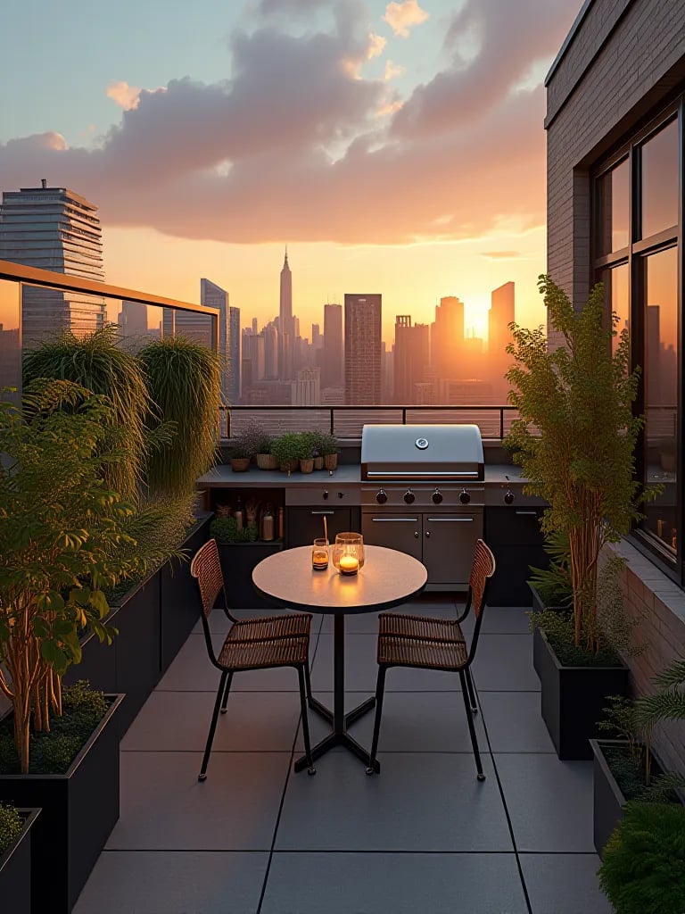 Compact rooftop outdoor kitchen with city skyline view at sunset