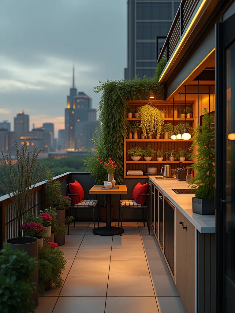 Compact rooftop outdoor kitchen with grill, bar seating, and city views