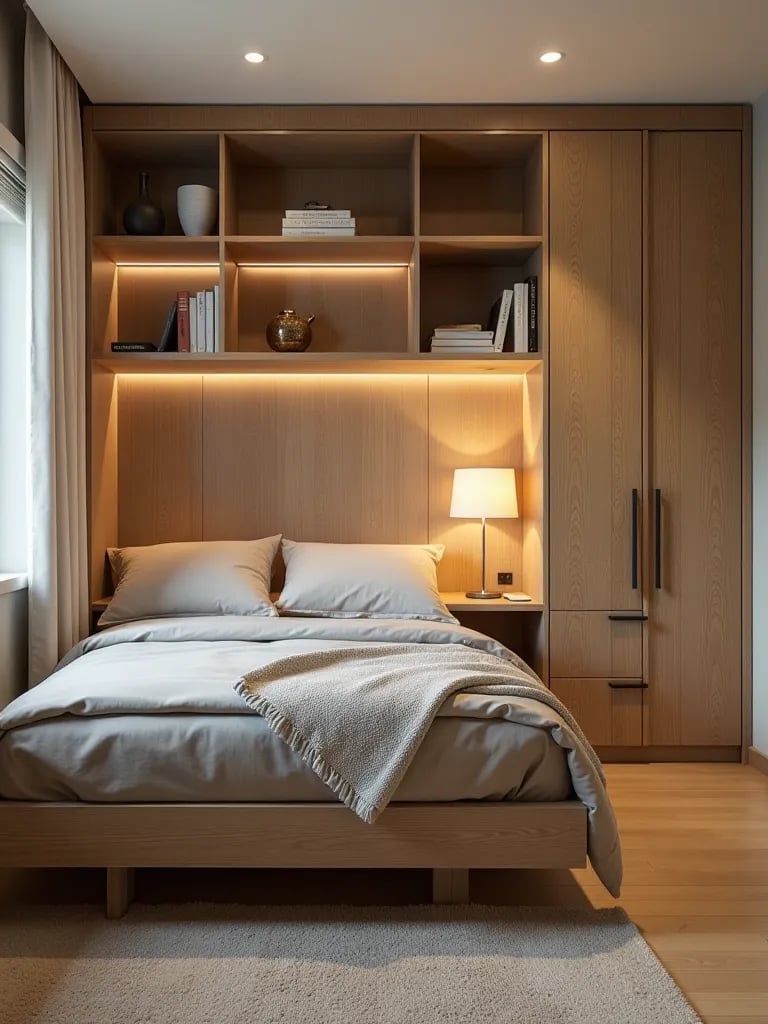 Compact room featuring transformable wall bed and modular shelves
