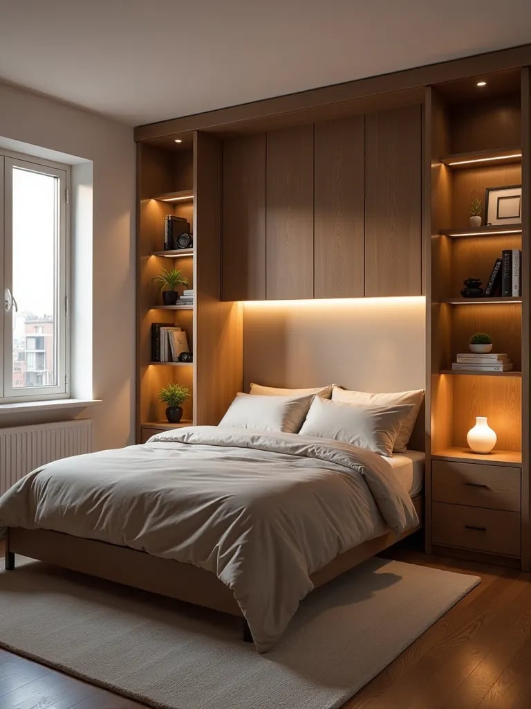 Compact room with folded Murphy bed and surrounding storage