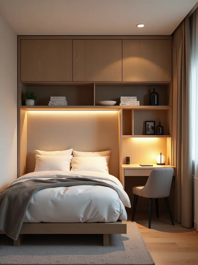 Compact studio bedroom with murphy bed and built in storage