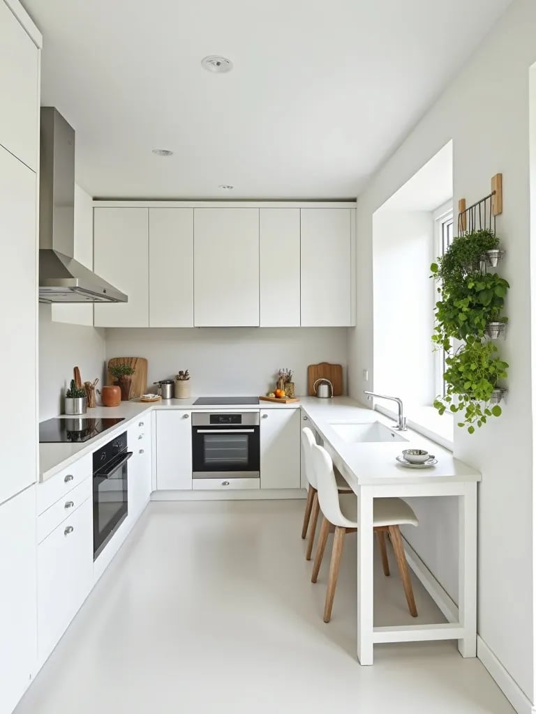 Compact white L shaped kitchen with multi functional elements
