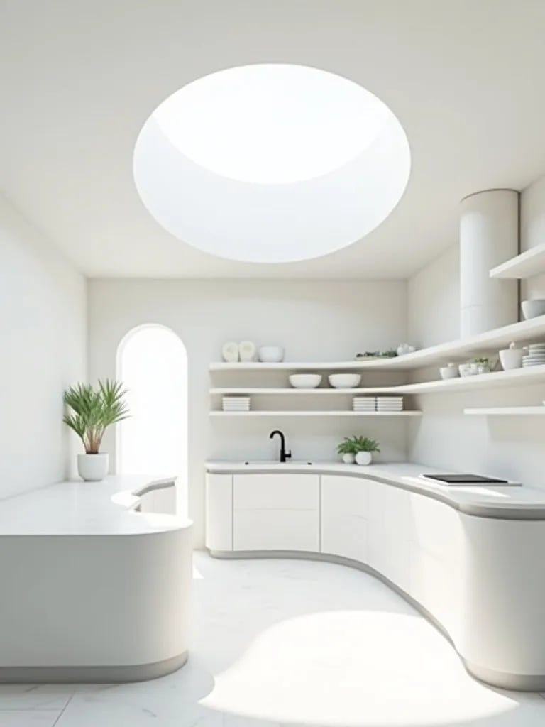 Compact white kitchen featuring curved elements and floating shelves