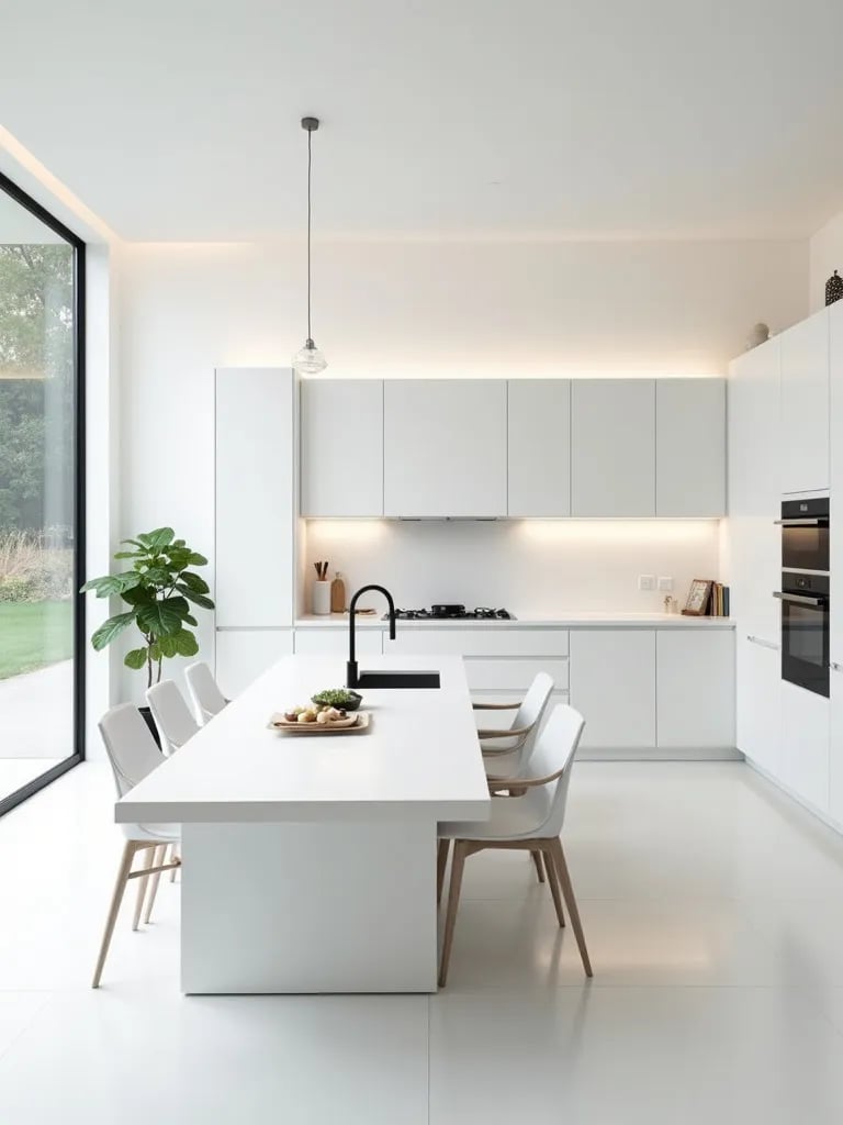 Compact white kitchen featuring dual purpose island and ample storage