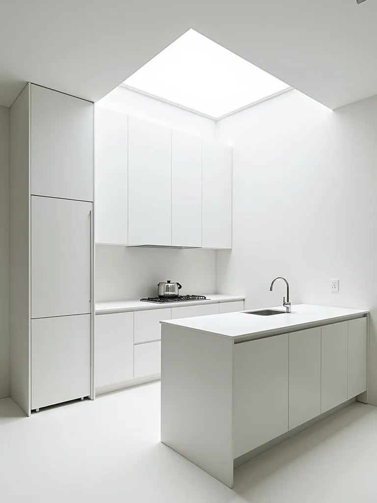 Compact white kitchen with floor to ceiling cabinets and floating island