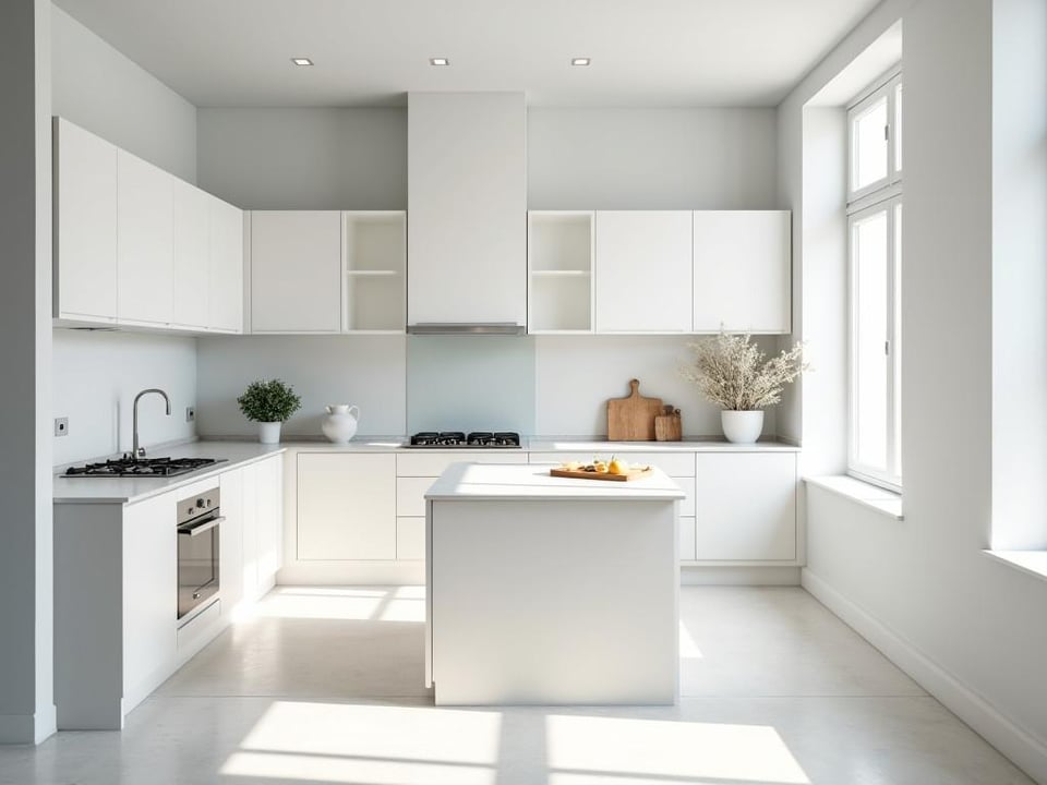 Compact white kitchen with floor to ceiling cabinets and sleek island