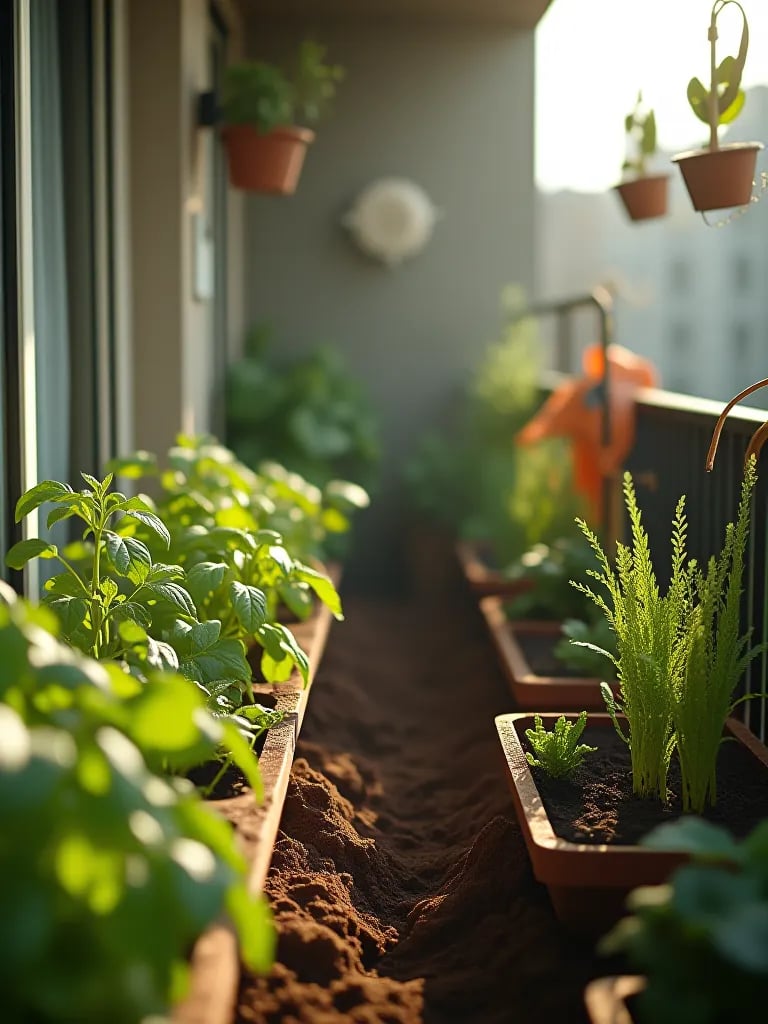 Comparison of bare balcony and lush container garden highlighting rich soil