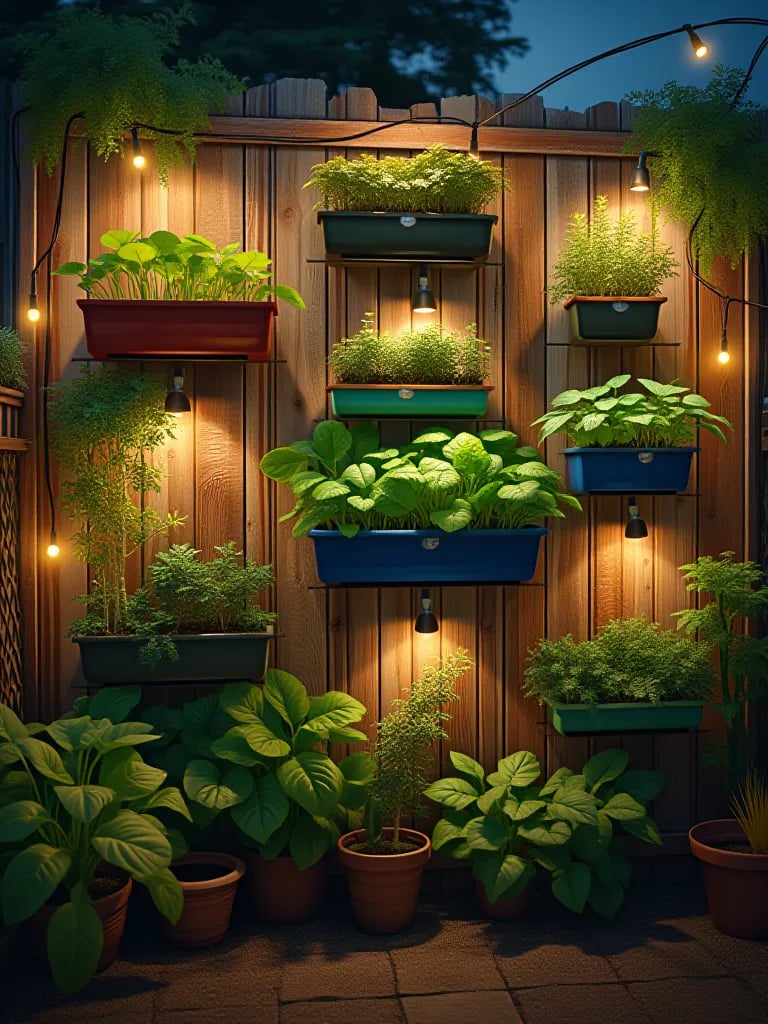 Container garden with vegetables on creative, upcycled support structures