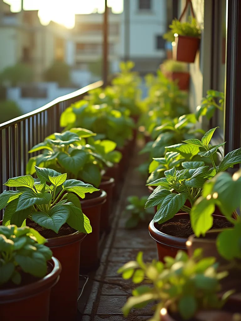 Container vegetable garden with natural pest control methods visible