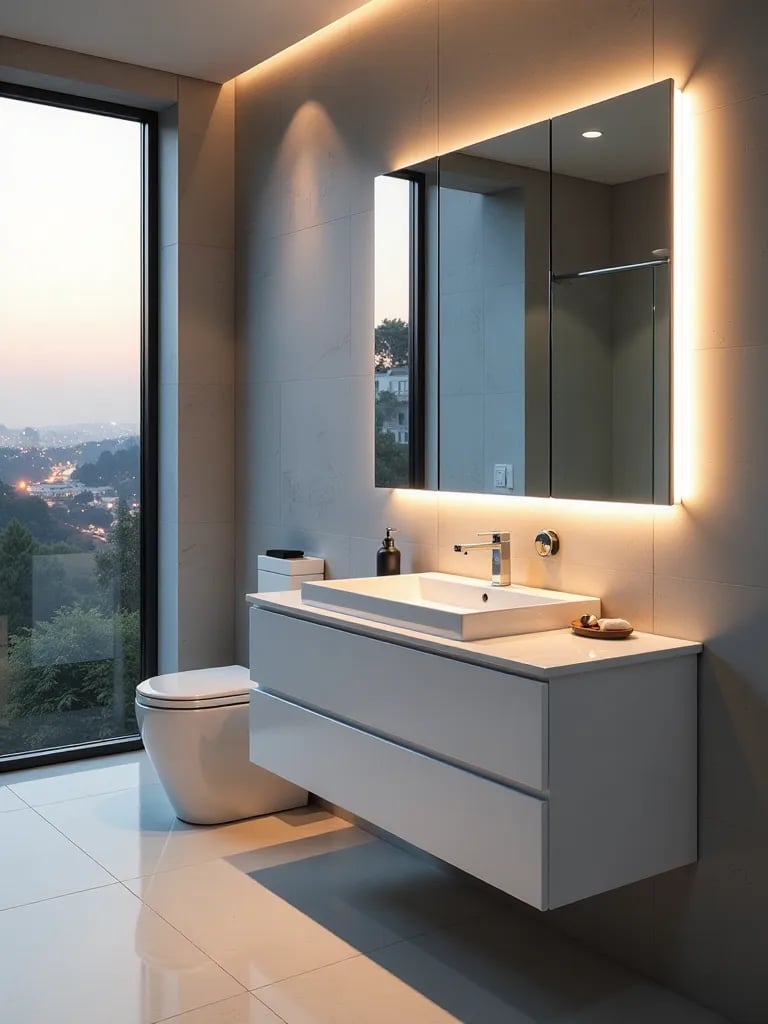 Contemporary bathroom featuring sleek white vanity with ambient lighting