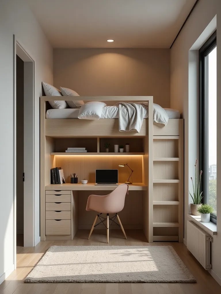 Contemporary bedroom featuring loft bed with office space underneath
