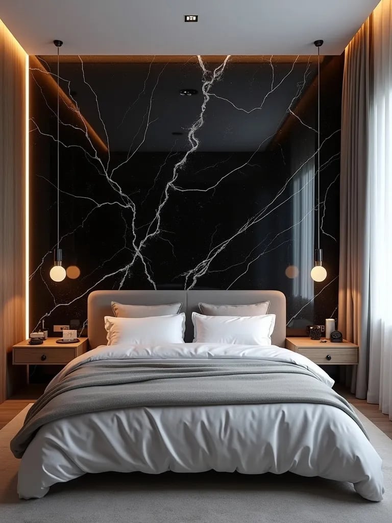 Contemporary bedroom with black marble effect accent wall and LED lighting