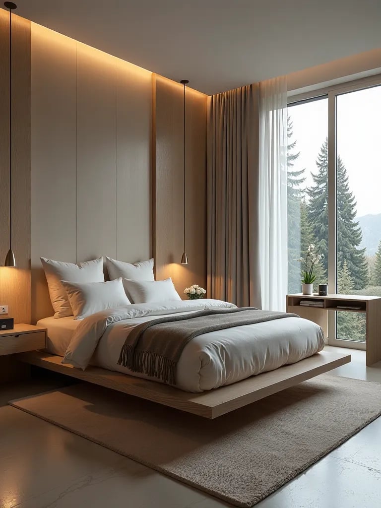 Contemporary bedroom with floating bed, built in wardrobes, and work desk by large windows