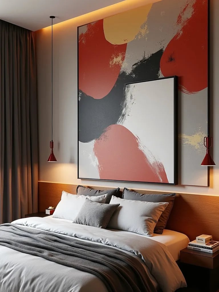 Contemporary bedroom with large abstract art decals and accent lighting
