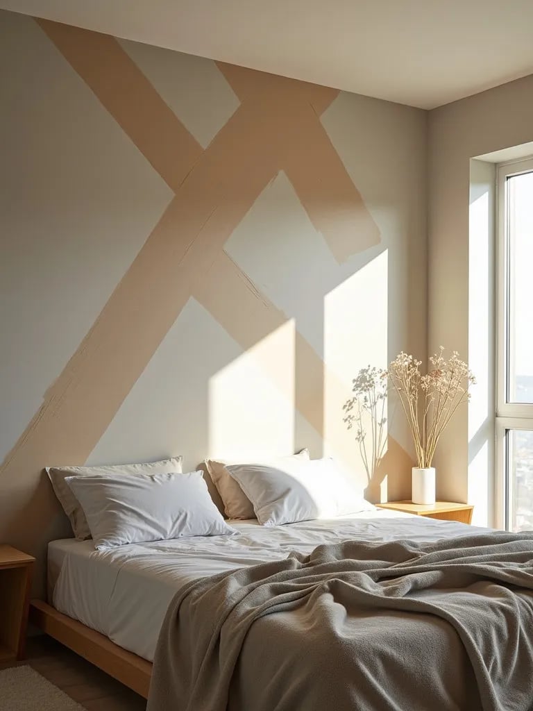 Contemporary bedroom with partially completed geometric wall pattern