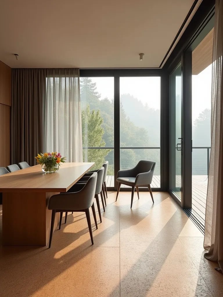 Contemporary dining area showcasing cork flooring and large windows