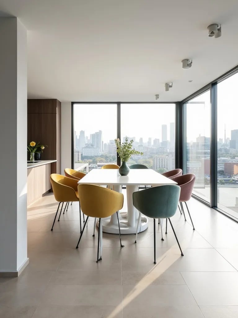 Contemporary dining area with large format porcelain tile floors