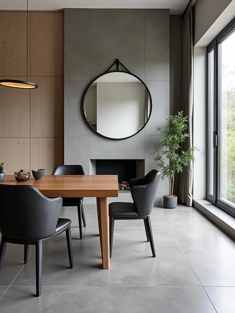 Contemporary dining room with concrete look porcelain tile floor and statement fireplace