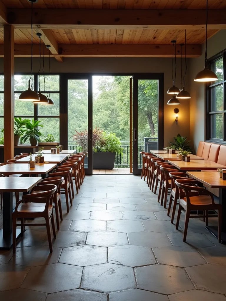 Contemporary dining room with large hexagonal concrete floor tiles