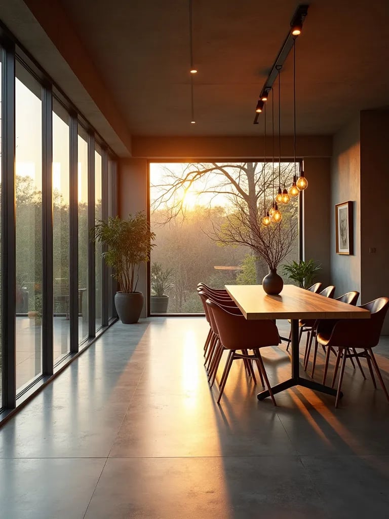 Contemporary dining room with sleek polished concrete floor and large windows