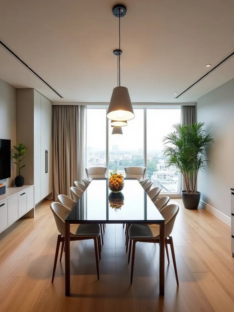 Contemporary dining space featuring elegant hardwood floors