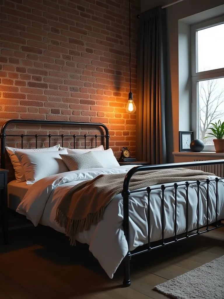 Contemporary industrial bedroom with Edison bulb lighting