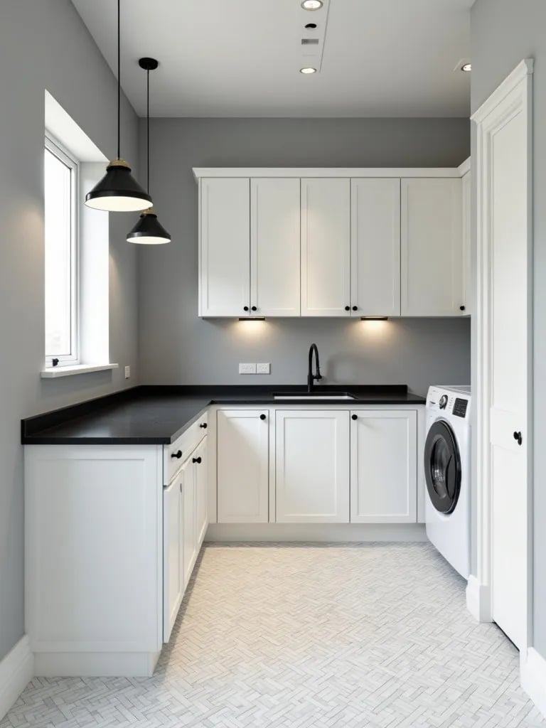 Contemporary laundry room with gray walls, white cabinets, and black countertops
