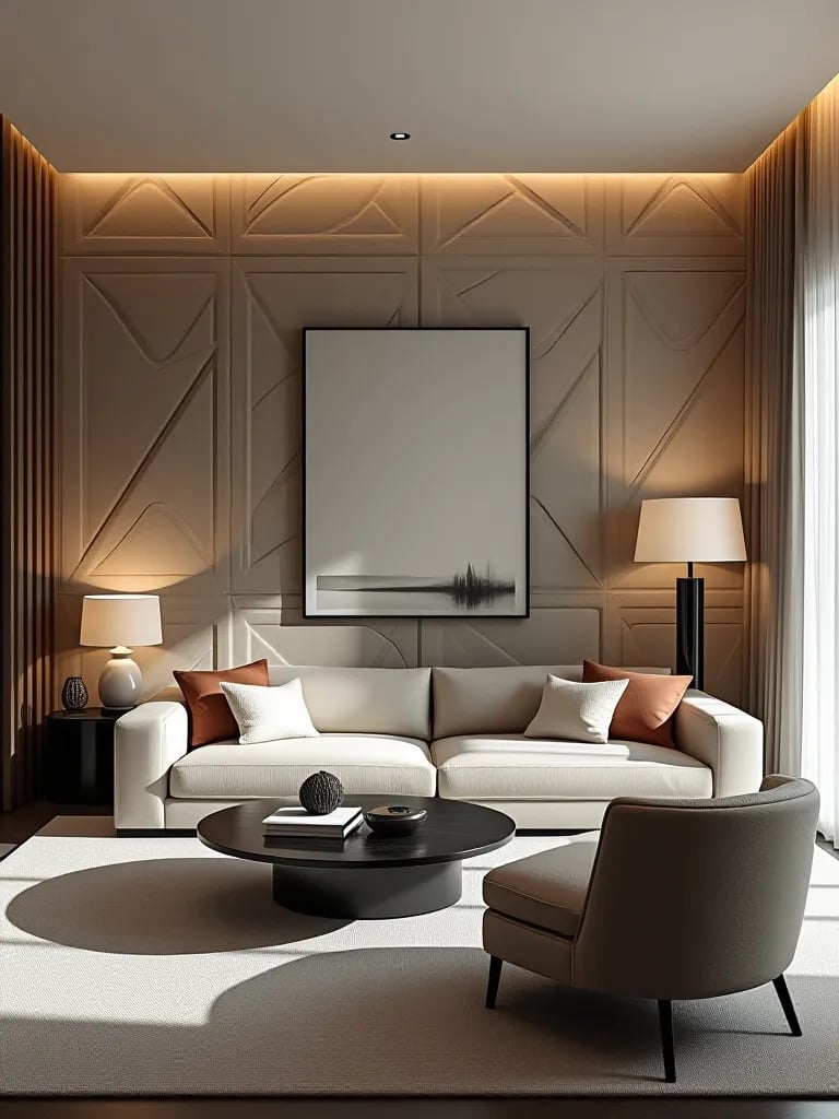 Contemporary living area featuring textured 3D accent wall and artwork