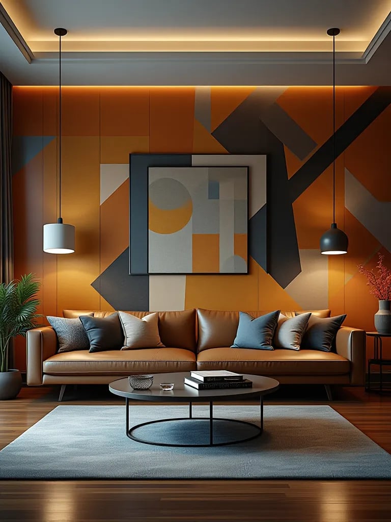 Contemporary living room featuring geometric patterned accent wall