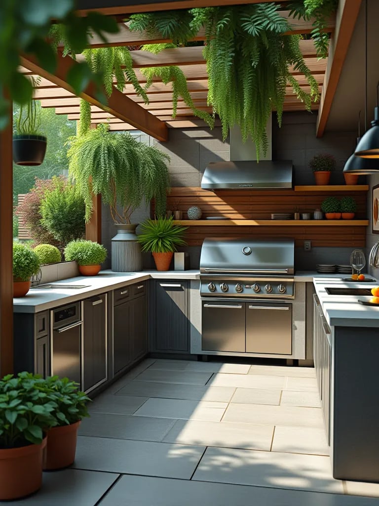 Contemporary outdoor kitchen patio with pergola and potted herbs