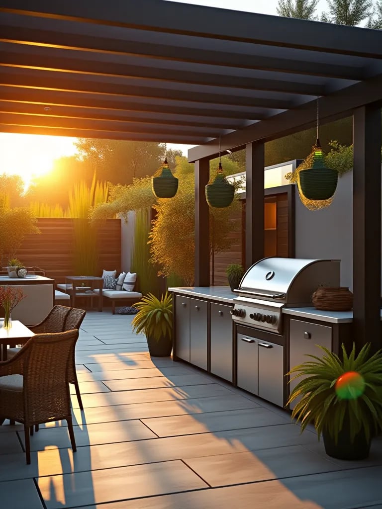 Contemporary outdoor kitchen patio with pergola during sunset