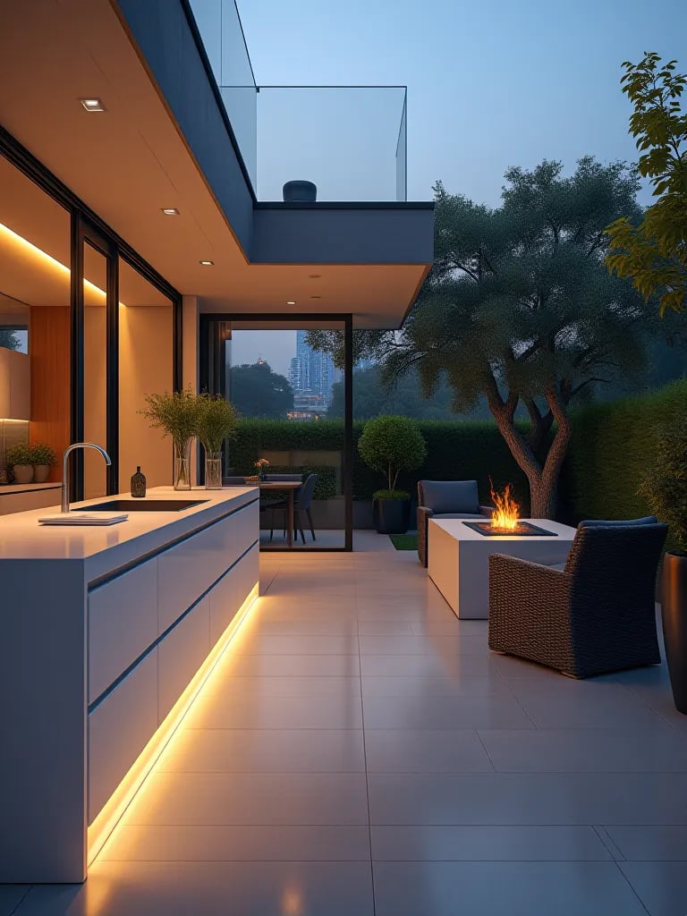 Contemporary outdoor kitchen with quartz countertops and LED lighting at dusk