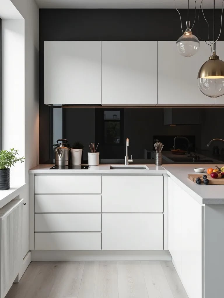Contemporary white kitchen with black accent wall and modern lighting