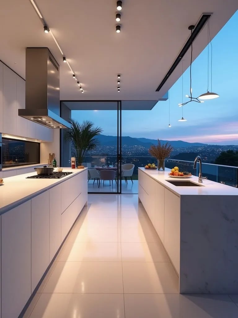 Contemporary white kitchen with glass backsplash reflecting city lights
