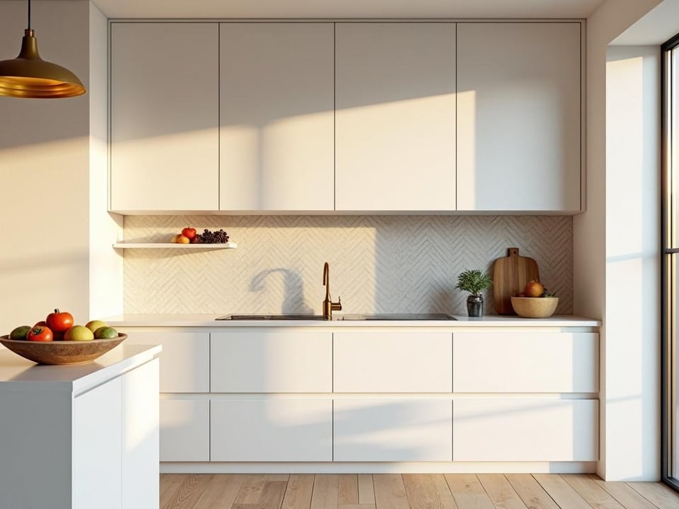 Contemporary white kitchen with gold accents and herringbone backsplash